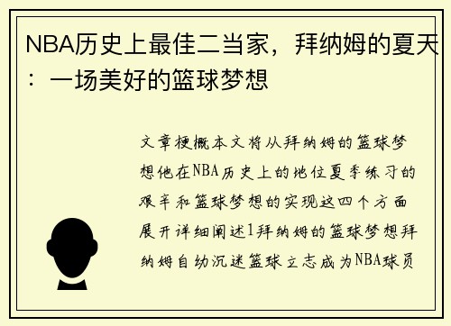 NBA历史上最佳二当家，拜纳姆的夏天：一场美好的篮球梦想